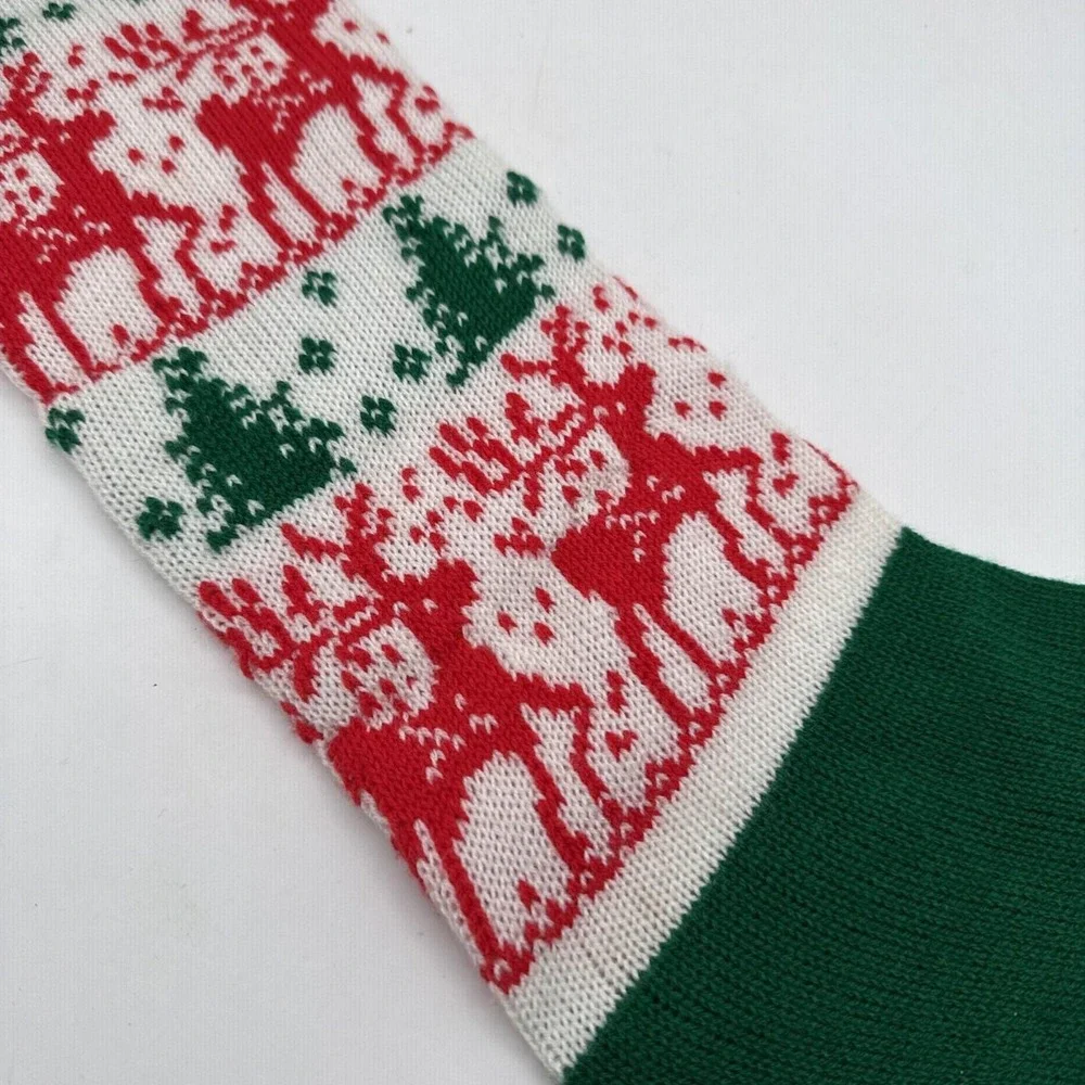 Vintage Long Knit Christmas Stocking Reindeer With Trees‎ Pom Pom 22